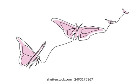 Butterfly in One continuous line drawing. Beautiful flying moth for wellbeing beauty or spa salon logo and divider concept in simple linear style. Editable stroke. Doodle vector illustration