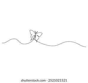 Butterfly in One continuous line drawing. Beautiful flying moth for wellbeing beauty logo and divider concept in simple linear style. 
