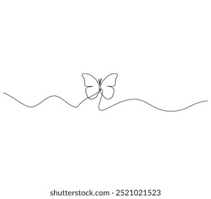 Butterfly in One continuous line drawing. Beautiful flying moth for wellbeing beauty logo and divider concept in simple linear style. 
