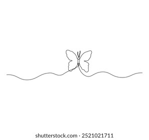 Butterfly in One continuous line drawing. Beautiful flying moth for wellbeing beauty logo and divider concept in simple linear style. 
