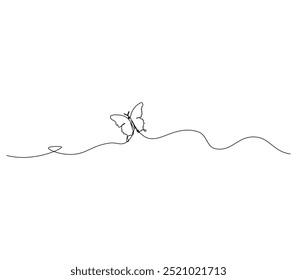 Butterfly in One continuous line drawing. Beautiful flying moth for wellbeing beauty logo and divider concept in simple linear style. 
