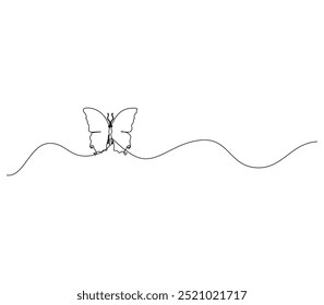 Butterfly in One continuous line drawing. Beautiful flying moth for wellbeing beauty logo and divider concept in simple linear style. 
