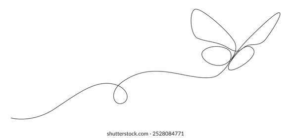 Butterfly in One continuous line drawing. Beautiful flying moth for wellbeing beauty or spa salon logo and divider concept in simple linear style. Editable stroke. Doodle vector illustration eps 10