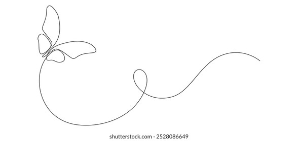 Butterfly in One continuous line drawing. Beautiful flying moth for wellbeing beauty or spa salon logo and divider concept in simple linear style. Editable stroke. Doodle vector illustration eps 10