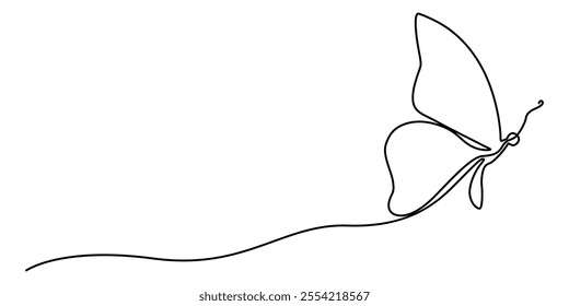 Butterfly in One continuous line drawing, Butterfly in One continuous line drawing. Beautiful flying moth for wellbeing beauty or spa salon logo and divider concept in simple linear style. Editable. 