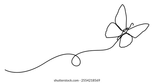 Butterfly in One continuous line drawing, Butterfly in One continuous line drawing. Beautiful flying moth for wellbeing beauty or spa salon logo and divider concept in simple linear style. Editable. 