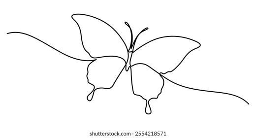 Butterfly in One continuous line drawing, Butterfly in One continuous line drawing. Beautiful flying moth for wellbeing beauty or spa salon logo and divider concept in simple linear style. Editable. 