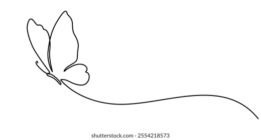 Butterfly in One continuous line drawing, Butterfly in One continuous line drawing. Beautiful flying moth for wellbeing beauty or spa salon logo and divider concept in simple linear style. Editable. 