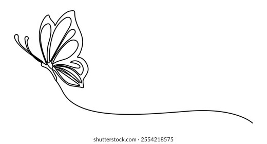 Butterfly in One continuous line drawing, Butterfly in One continuous line drawing. Beautiful flying moth for wellbeing beauty or spa salon logo and divider concept in simple linear style. Editable. 