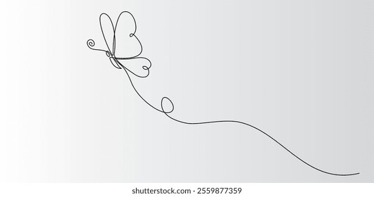 Butterfly one continuous line drawing.  Romantic theme isolated on white background.