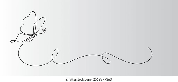 Butterfly one continuous line drawing.  Romantic theme isolated on white background.