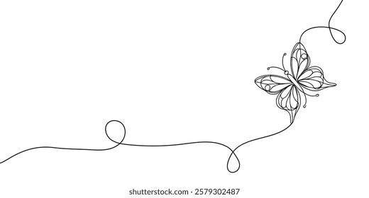 Butterfly in One continuous line drawing. Beautiful flying moth for wellbeing beauty or spa salon logo and divider concept in simple linear style.