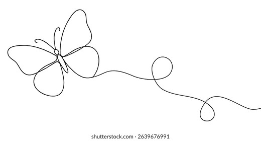 Butterfly in One continuous line drawing. Beautiful flying moth for wellbeing beauty or spa salon logo and divider concept in simple linear style. Editable stroke. Doodle vector illustration