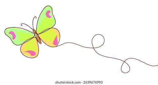 Butterfly in One continuous line drawing. Beautiful flying moth for wellbeing beauty or spa salon logo and divider concept in simple linear style. Editable stroke. Doodle vector illustration