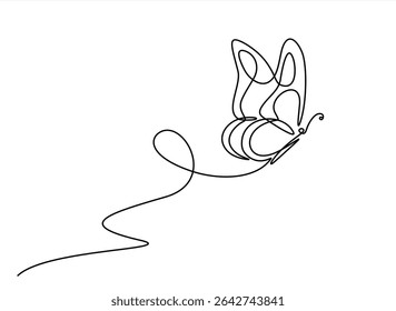 Butterfly in One continuous line drawing. Beautiful flying moth for wellbeing beauty or spa salon logo and divider concept in simple linear style. Hand drawn one line vector. Editable stroke