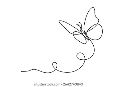 Butterfly in One continuous line drawing. Beautiful flying moth for wellbeing beauty or spa salon logo and divider concept in simple linear style. Hand drawn one line vector. Editable stroke