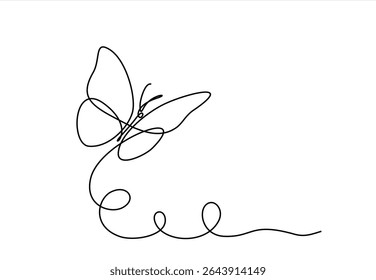 Butterfly in One continuous line drawing. Beautiful flying moth for wellbeing beauty or spa salon logo and divider concept in simple linear style. Hand drawn one line vector. Editable stroke