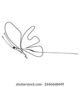 Butterfly in One continuous line drawing. Beautiful flying moth for wellbeing beauty or spa salon logo and divider concept in simple linear style. Editable stroke. Doodle vector illustration