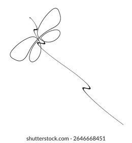 Butterfly in One continuous line drawing. Beautiful flying moth for wellbeing beauty or spa salon logo and divider concept in simple linear style. Editable stroke. Doodle vector illustration