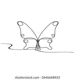 Butterfly in One continuous line drawing. Beautiful flying moth for wellbeing beauty or spa salon logo and divider concept in simple linear style. Editable stroke. Doodle vector illustration