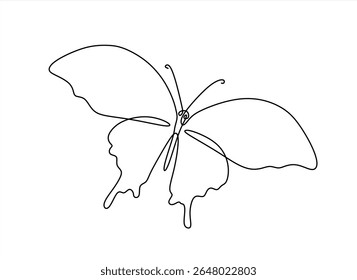 Butterfly in One continuous line drawing. Beautiful flying moth for wellbeing beauty or spa salon logo and divider concept in simple linear style. Hand drawn one line vector. Editable stroke	