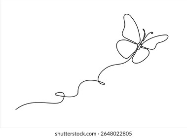 Butterfly in One continuous line drawing. Beautiful flying moth for wellbeing beauty or spa salon logo and divider concept in simple linear style. Hand drawn one line vector. Editable stroke	