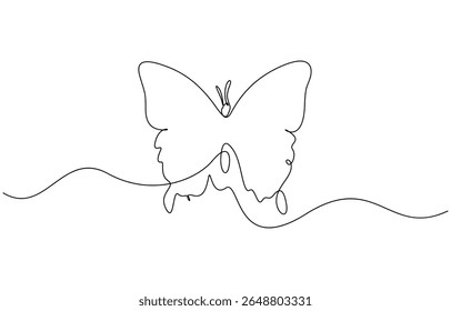 Butterfly in One continuous line drawing. Beautiful flying moth for wellbeing beauty or spa salon logo, Flying Butterfly single outline vector illustration. Editable stroke.