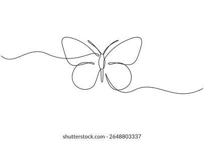 Butterfly in One continuous line drawing. Beautiful flying moth for wellbeing beauty or spa salon logo, Flying Butterfly single outline vector illustration. Editable stroke.