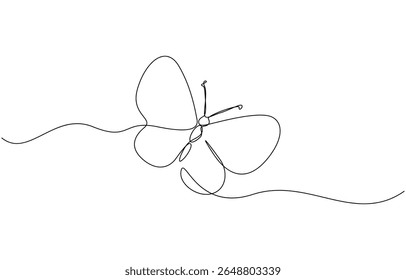 Butterfly in One continuous line drawing. Beautiful flying moth for wellbeing beauty or spa salon logo, Flying Butterfly single outline vector illustration. Editable stroke.