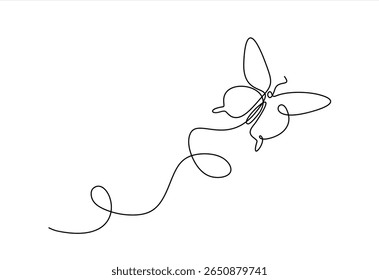 Butterfly in One continuous line drawing. Beautiful flying moth for wellbeing beauty or spa salon logo and divider concept in simple linear style. Hand drawn one line vector. Editable stroke	