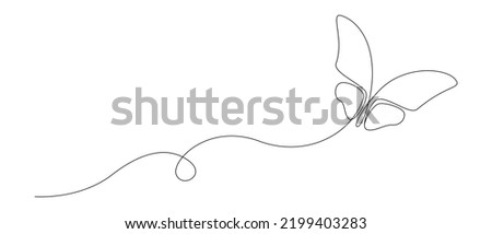 Butterfly in One continuous line drawing. Beautiful flying moth for wellbeing beauty or spa salon logo and divider concept in simple linear style. Editable stroke. Doodle vector illustration