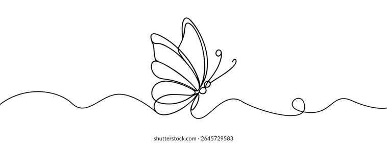 Butterfly one line drawing . Beautiful butterfly silhouette one continuous line drawing . Exotic flying butterfly side view .	