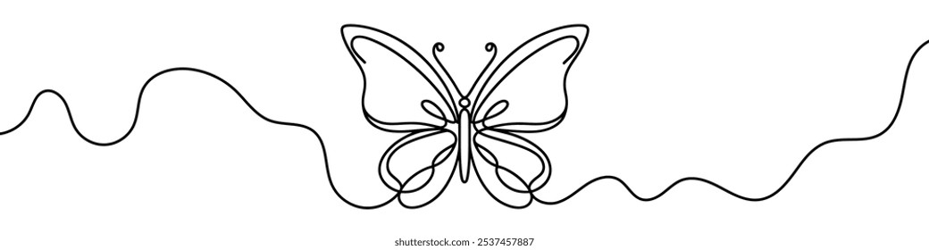 Butterfly with open wings is drawn with one continuous line on a white background