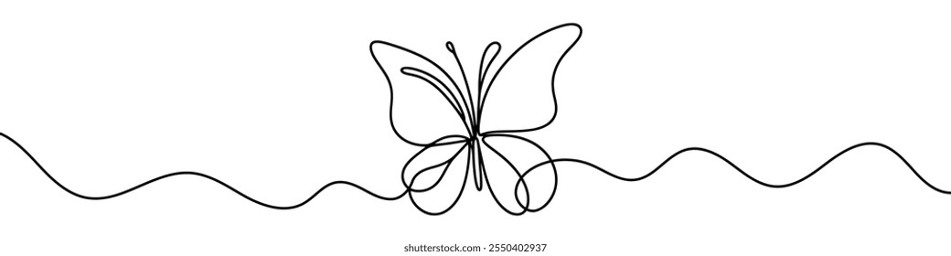Borboleta com asas abertas é desenhada com uma linha contínua sobre um fundo branco