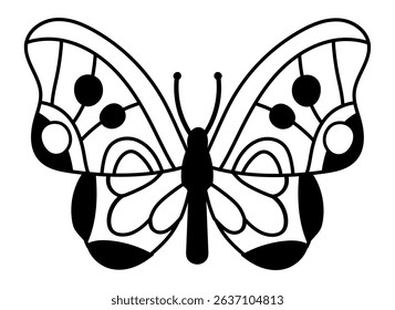 Butterfly with open wings showing a decorative pattern in black and white, ideal for coloring books, illustrations, and graphic design projects