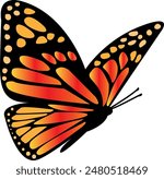Butterfly with Orange and Black Wings Flies on a White Background. Ethereal Butterfly Winged Silhouette Illustration. Mythical Garden Decor. Colorful Monarch Metamorphosis Closeup. Tropical Element.