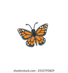 Butterfly with orange and black wings flies on white background. Butterfly vector illustration. Colorful butterfly with colorful pattern on it. Mythical garden decor. Elegant flying insects.