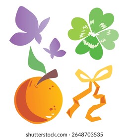 Butterfly, orange fruit, clover leaves, and ribbon colorful simple illustration drawing set isolated on square white background.