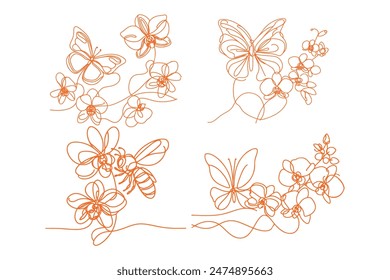  butterfly with Orchid flowers, featuring clean lines, bold colors, and a playful aesthetic.