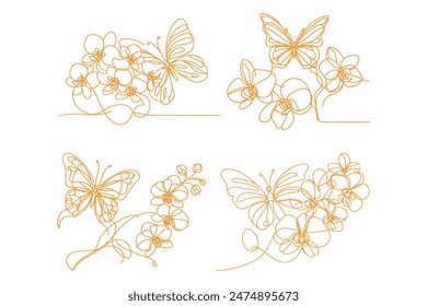  butterfly with Orchid flowers, featuring clean lines, bold colors, and a playful aesthetic.