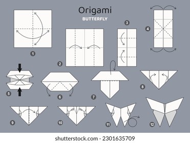 Modelo de movimiento de esquemas de origami de mariposa sobre fondo gris. Origami para los niños. Paso a paso cómo hacer un lindo insecto de origami. Ilustración vectorial.