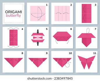 Butterfly origami scheme tutorial moving model. Origami for kids. Step by step how to make a cute origami insect. Vector illustration.