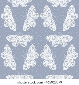 Butterfly ornament. Abstract geometric pattern. Vector seamless grey and white colors wallpaper.