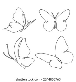 Butterfly outline black silhouette. Linear abstract monochrome design. Flying butterfly shape sketch, metamorphosis.