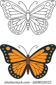Butterfly Outline and Colored Illustration, Flat Vector