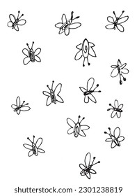 Butterfly outline illustration image. 
Hand drawn image artwork of butterfly. 
Simple cute original logo of a monochrome butterflys.
Hand drawn vector illustration for posters, cards, t-shirts.