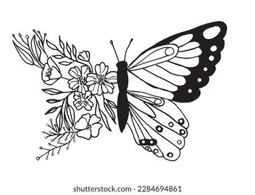 Butterfly outline illustration vector image. Hand drawn butterfly sketch image artwork. Simple original logo icon from pen drawing sketch.