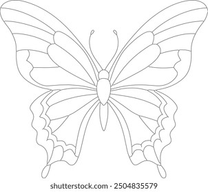 Butterfly outline or line art illustration, wings spread in symmetrical patterns, drawn with light and intricate lines on a white background.