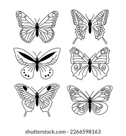 Esquema de mariposa. Colección de siluetas de insectos. Ilustración lineal vectorial aislada en fondo blanco