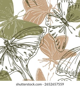 Butterfly Outline vector seamless Pattern. Swallowtail and Cabbage White butterflies hand drawn in beige and sage green silhouettes on repeat background for stationery, textile, etymology wallpaper.
